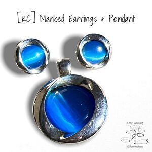 KC Marked Blue & Silver Tone Earrings with Matching Pendant